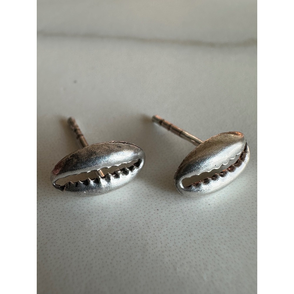 Sterling Silver Cowrie Shell Stud Earrings 925 Minimalist Nautical Beachy Tiny